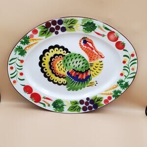 Vintage Enamel Metal Turkey Tray Thanksgiving Platter Farmhouse Country 18x14